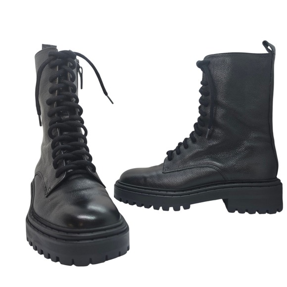 Massimo Dutti Shoes - Massimo Dutti Black Leather Lace Up Combat Boots Side Zip Lug Sole 1102/850/800